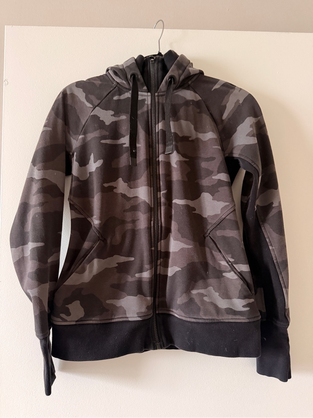 athleta Black and Gray Camouflage Zip Hoodie Jacket
